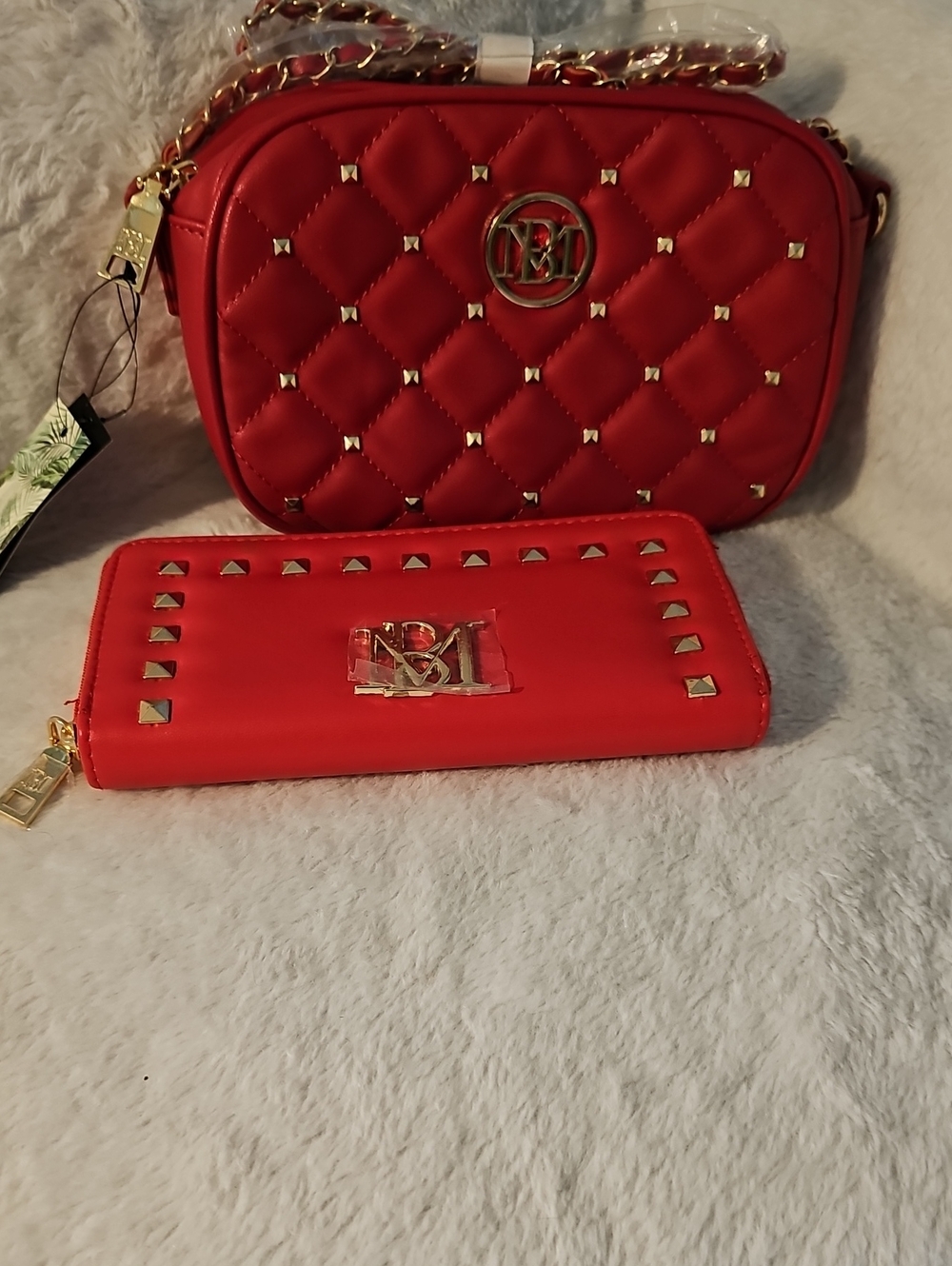 Red Quilted Crossbody Bag with Gold Studs